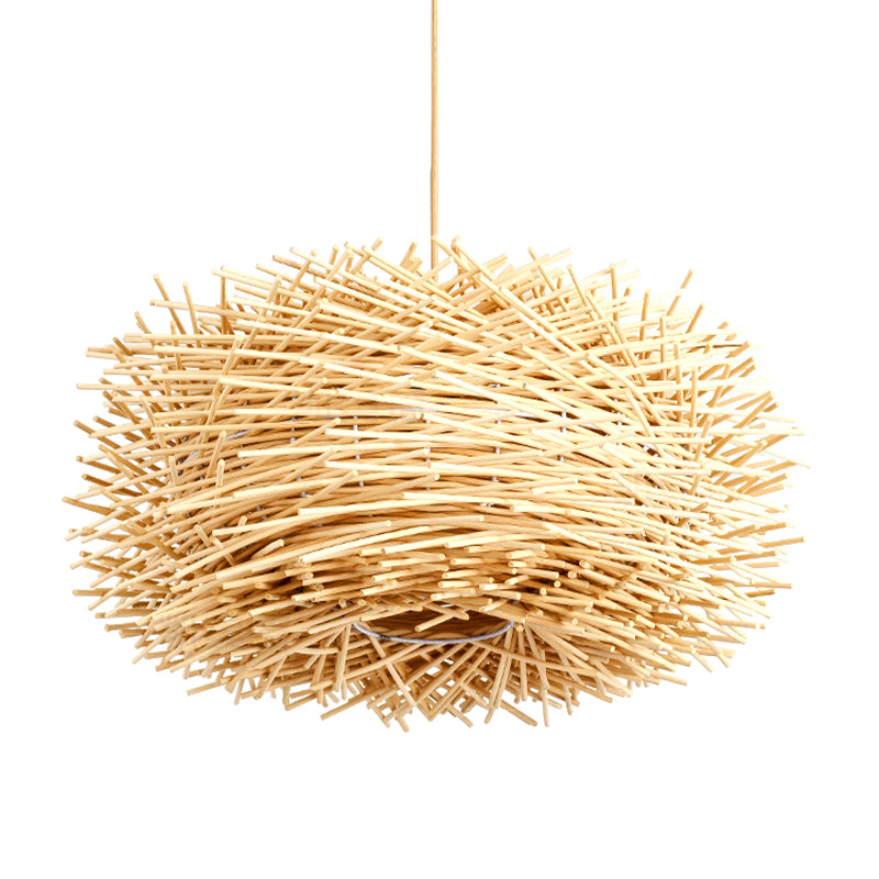 Asian 1 Bulb Ceiling Pendant Light Beige Nest Shape Hanging Lamp Kit with Rattan Shade