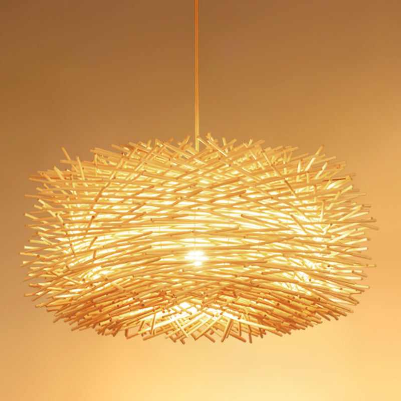 Asian 1 Bulb Ceiling Pendant Light Beige Nest Shape Hanging Lamp Kit with Rattan Shade