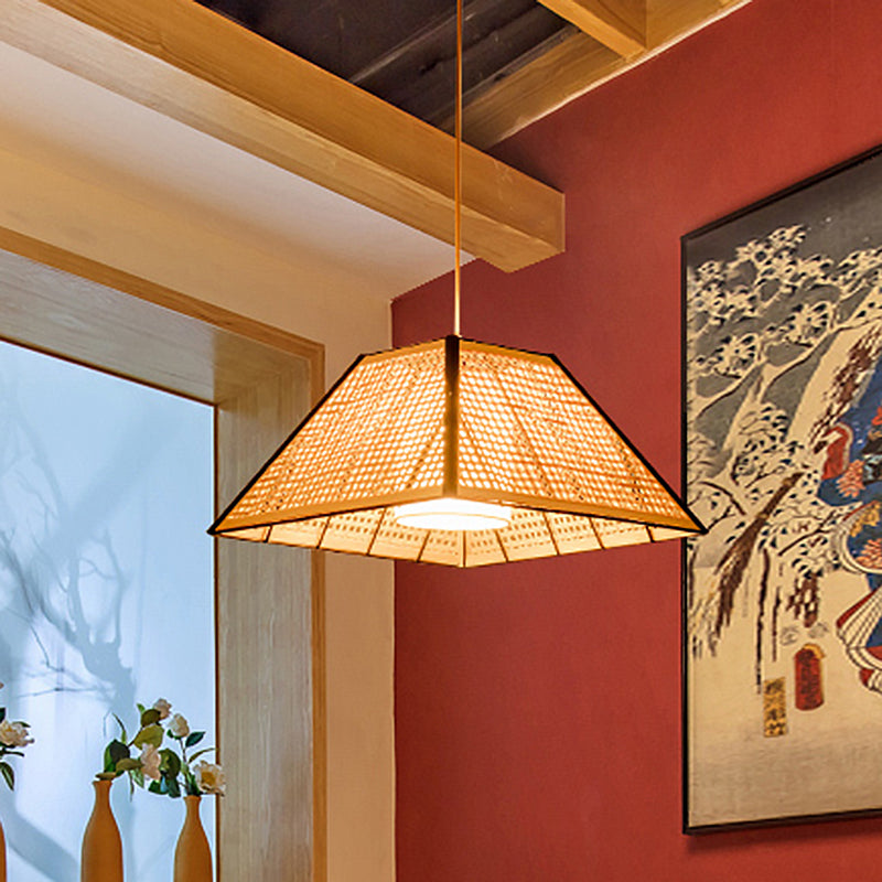 1 Head Tea House Pendulum Light Asian Beige Suspended Pendant Lamp with Pyramid Rattan Shade