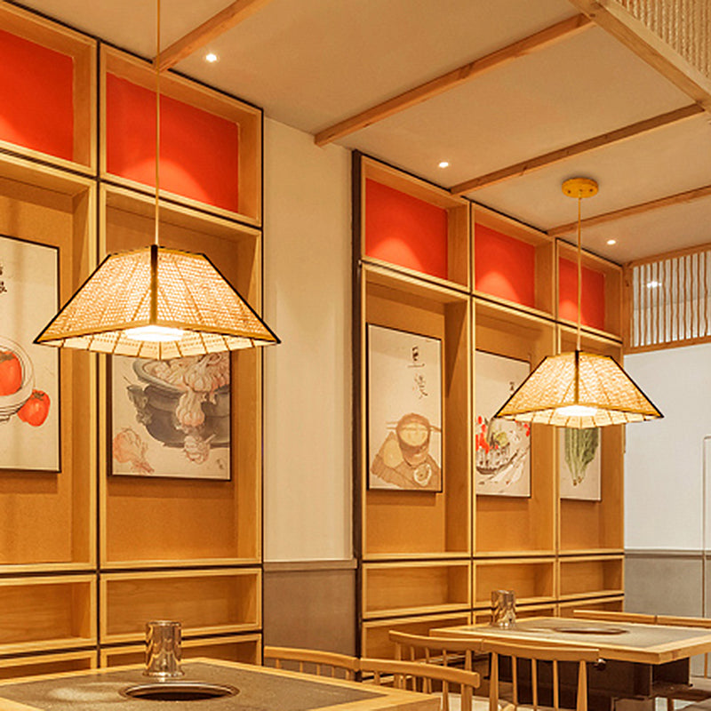1 Head Tea House Pendulum Light Asian Beige Suspended Pendant Lamp with Pyramid Rattan Shade