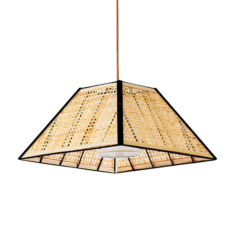 1 Head Tea House Pendulum Light Asian Beige Suspended Pendant Lamp with Pyramid Rattan Shade