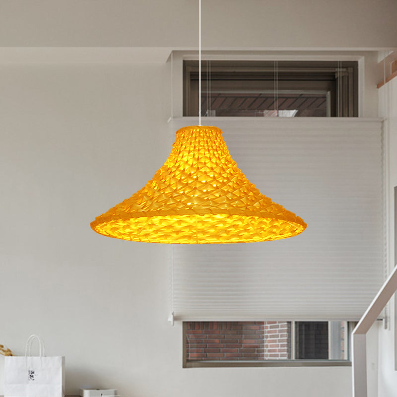 Rattan Wide Flared Drop Pendant Light Asian 1-Head Light Yellow Suspension Lamp for Living Room