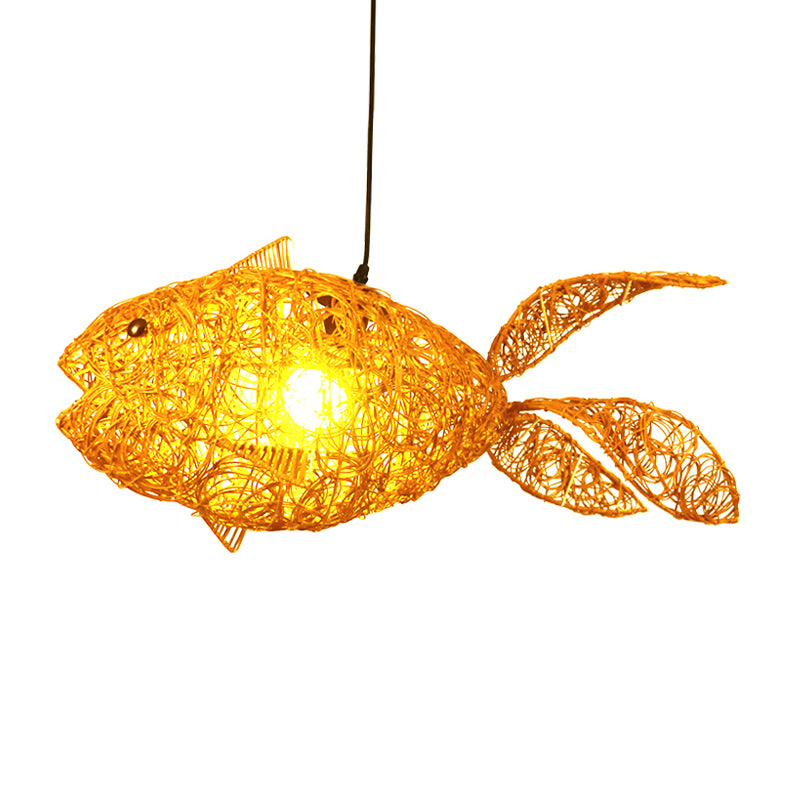 Asian Style Fish-Shape Pendulum Light Rattan 1-Light Living Room Hanging Ceiling Lamp in Gold