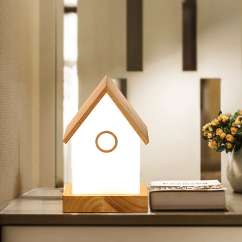 Lampe de nuit en forme de maison en bois lumière contemporain lampe de table de nuit beige à LED contemporain pour le chevet