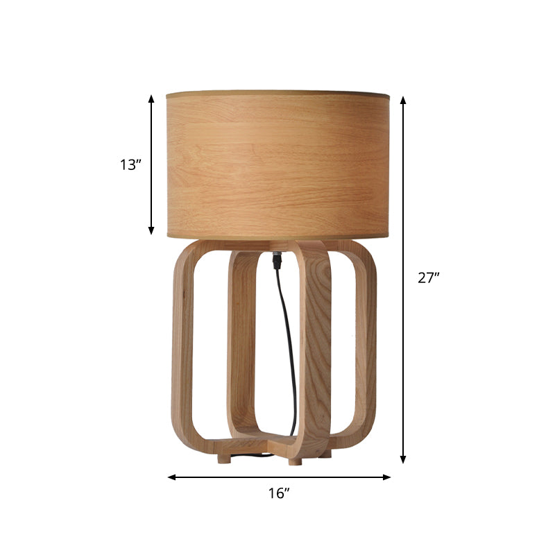 Lampe de table tambour et cadre carré en bois asiatique, lampe de nuit à 1 lumière pour chambre à coucher, beige