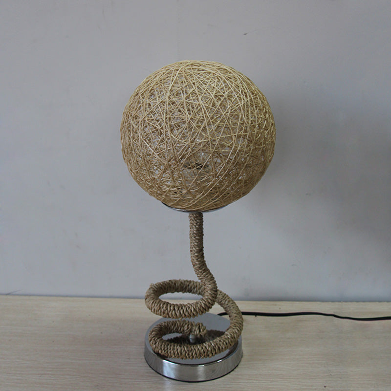 Asian Globe Veilleuse Bambou Rotin 1 Lumière Chambre Corde Lampe de Table de Nuit en Jaune Clair