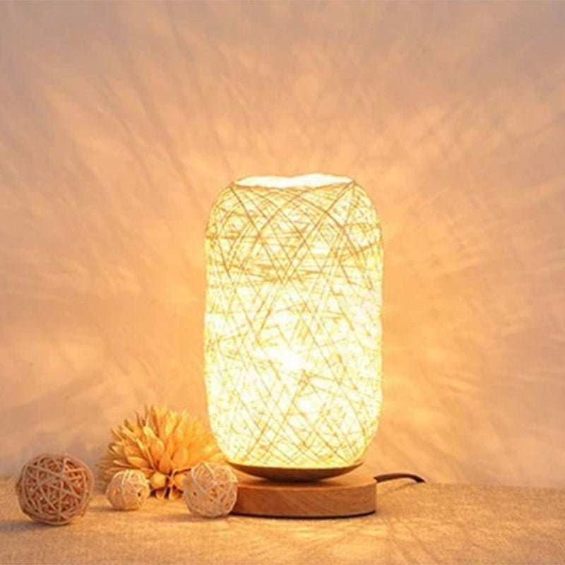Bamboo Rattan Capsule Night Table Light Modern Asia 1-Light Beige/Coffee Nightstand Lamp