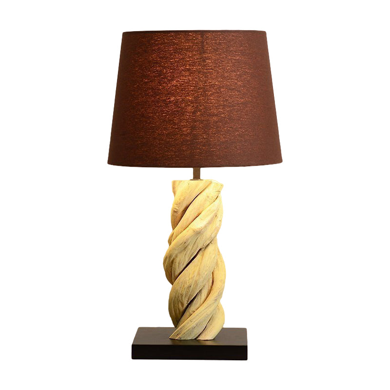 Barrel Night Table Light Art Déco Tissu 1 tête lampe de nuit marron avec une base de bar en bois en spirale