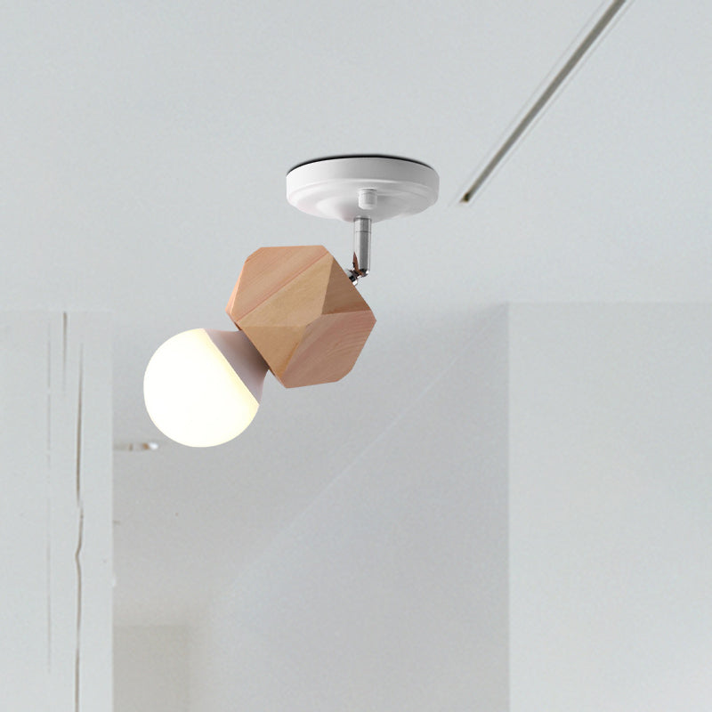 Metal Bare Bulb Semi Flush Ceiling Light Modern 1 Light White Finish Flushmount with Wood Top