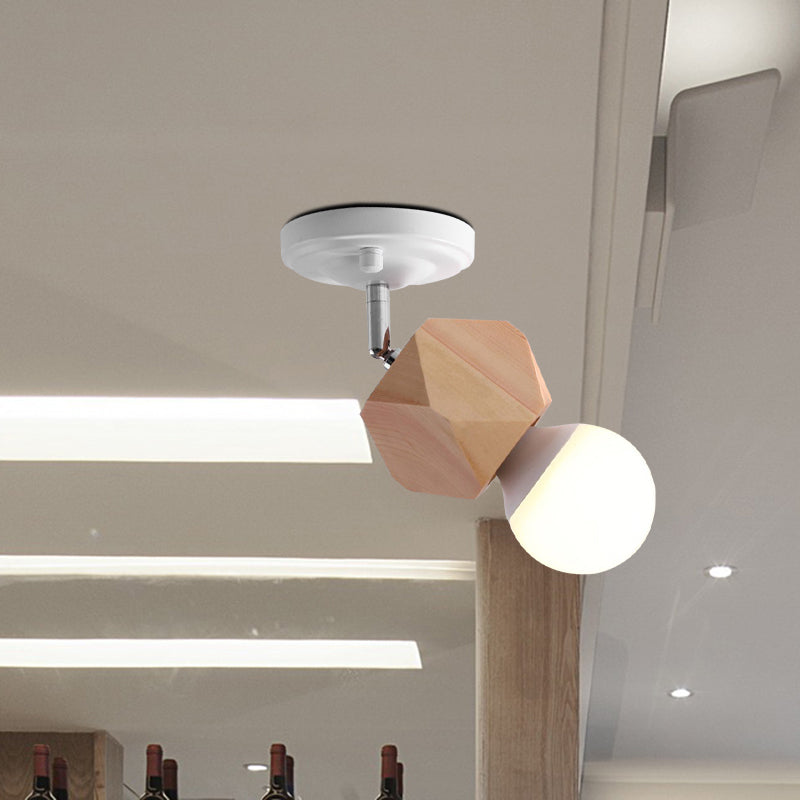 Metal Bare Bulb Semi Flush Ceiling Light Modern 1 Light White Finish Flushmount with Wood Top