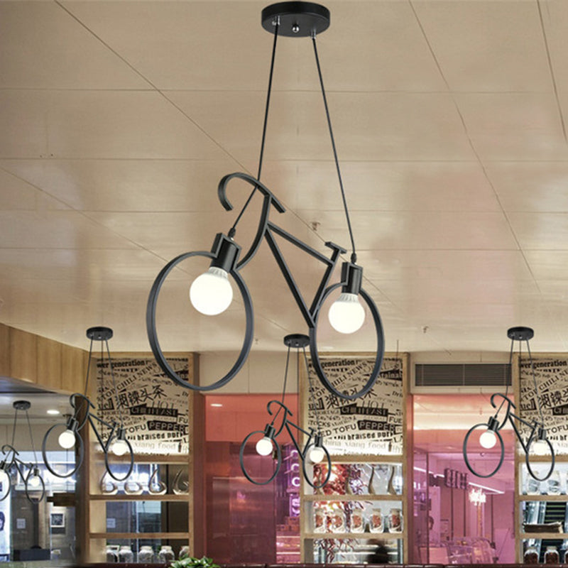 Black/White City Bike Hanging Light Kids 2-Light Iron Suspension Pendant with Open Bulb Design