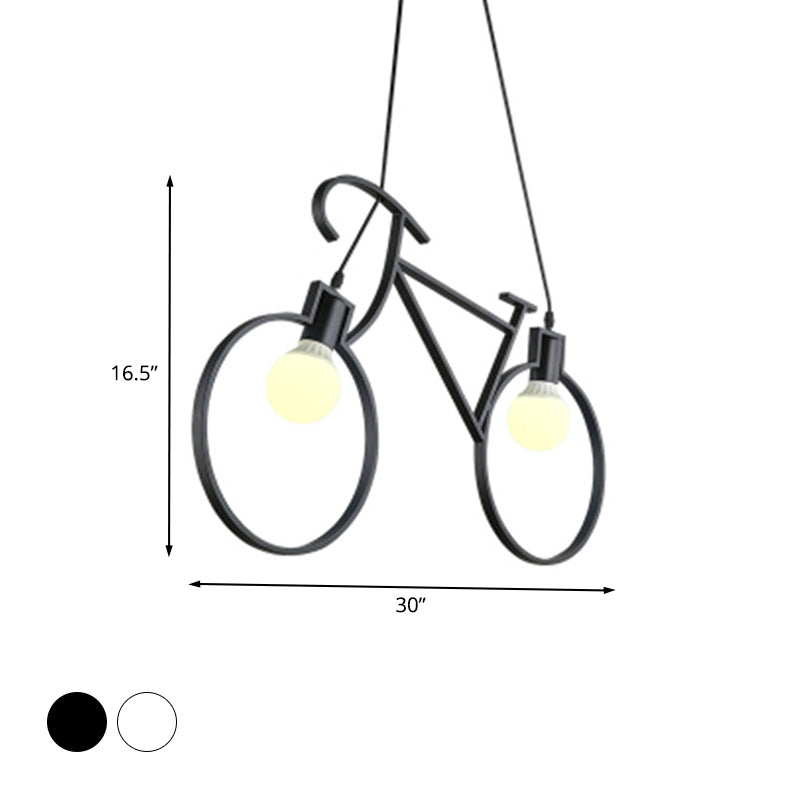 Black/White City Bike Hanging Light Kids 2-Light Iron Suspension Pendant with Open Bulb Design