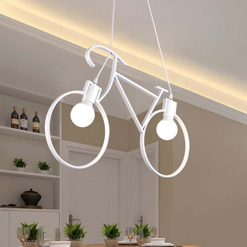 Black/White City Bike Hanging Light Kids 2-Light Iron Suspension Pendant with Open Bulb Design