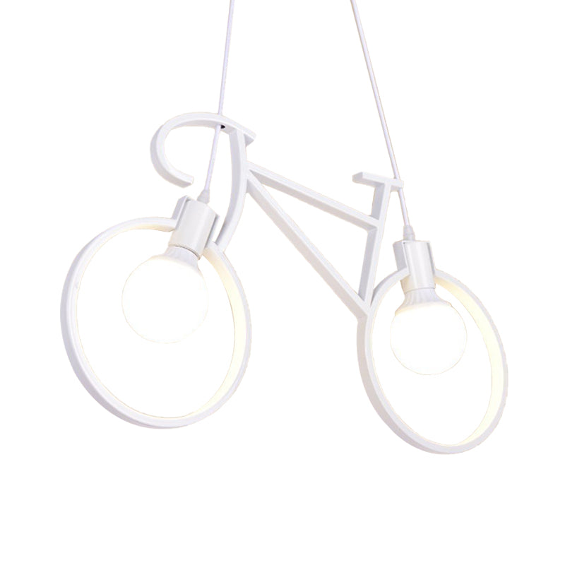 Black/White City Bike Hanging Light Kids 2-Light Iron Suspension Pendant with Open Bulb Design