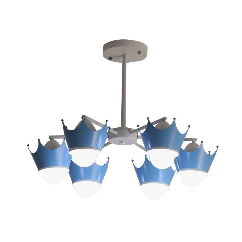 Radial Iron Ceiling Chandelier Kid 6/8 Bulbs Yellow/Blue Hanging Pendant Light with Crown Lamp Shade