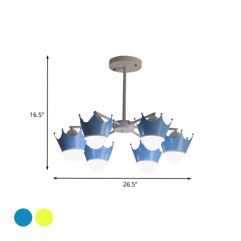 Radial Iron Ceiling Chandelier Kid 6/8 Bulbs Yellow/Blue Hanging Pendant Light with Crown Lamp Shade