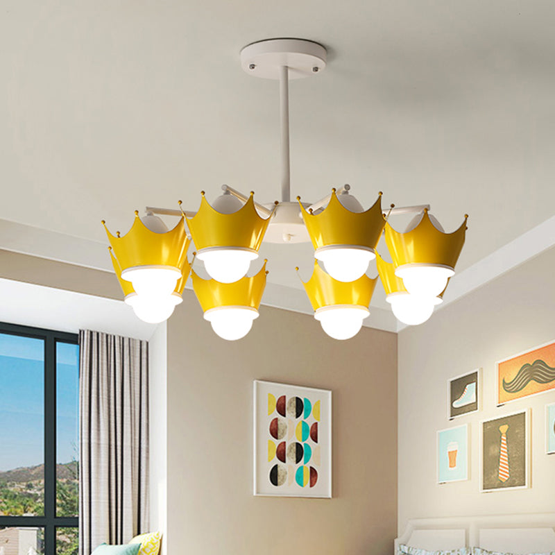 Radial Iron Ceiling Chandelier Kid 6/8 Bulbs Yellow/Blue Hanging Pendant Light with Crown Lamp Shade