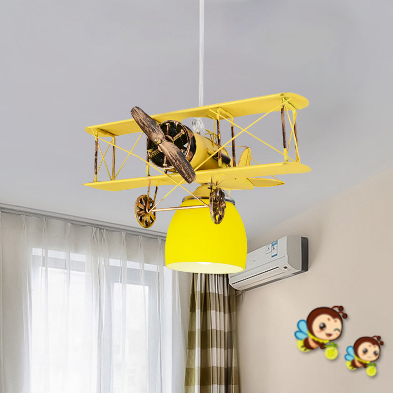 Wright Flyer Aircraft Suspension Light Kids Metal 1 Head Red/Blue/Yellow Pendant Lighting with Bottom Dome Colored Glass Shade