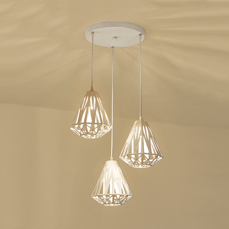 Iron Diamond Cage Multi Light Pendant Modernism 3 Heads White Finish Ceiling Suspension Lamp