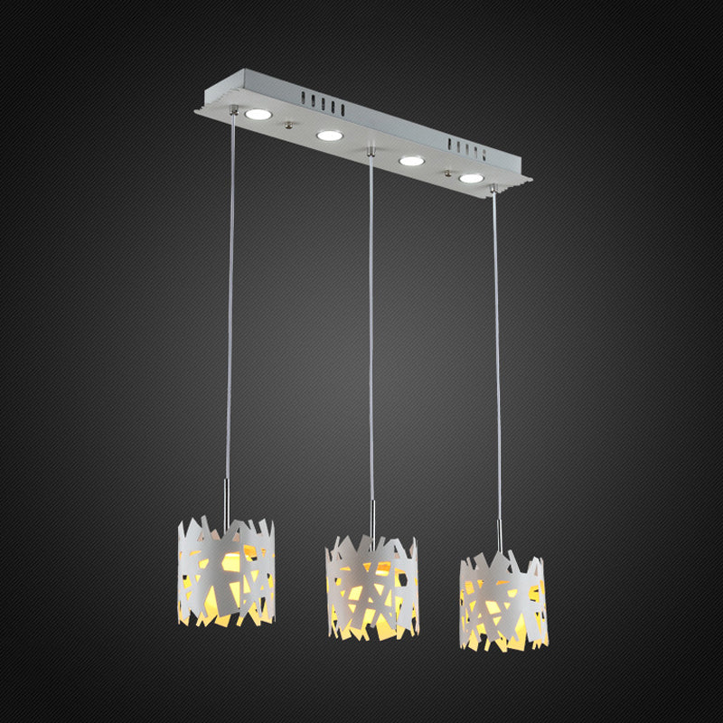 3 Bulbs Living Room Multiple Hanging Light Modernist White Pendant with Hollow-Out Cylinder Iron Shade, Linear Canopy