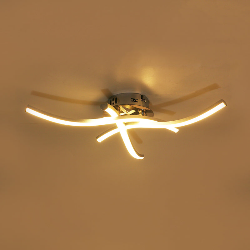 Crossing Wave Semi Flush Ceiling Light Modern Metallic LED Silver Flushmount Lamp in Warm/White Light
