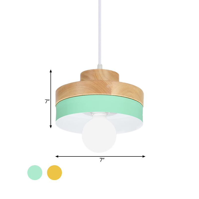Macaron Circle/Square Down Lighting Metal 1-Light Living Room Hanging Ceiling Lamp in Orange/Purple/Yellow and Wood