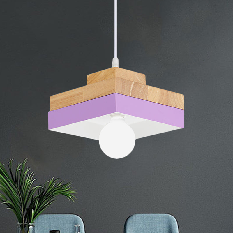 Macaron Circle/Square Down Lighting Metal 1-Light Living Room Hanging Ceiling Lamp in Orange/Purple/Yellow and Wood
