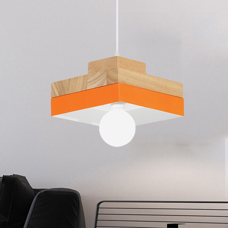 Macaron Circle/Square Down Lighting Metal 1-Light Living Room Hanging Ceiling Lamp in Orange/Purple/Yellow and Wood
