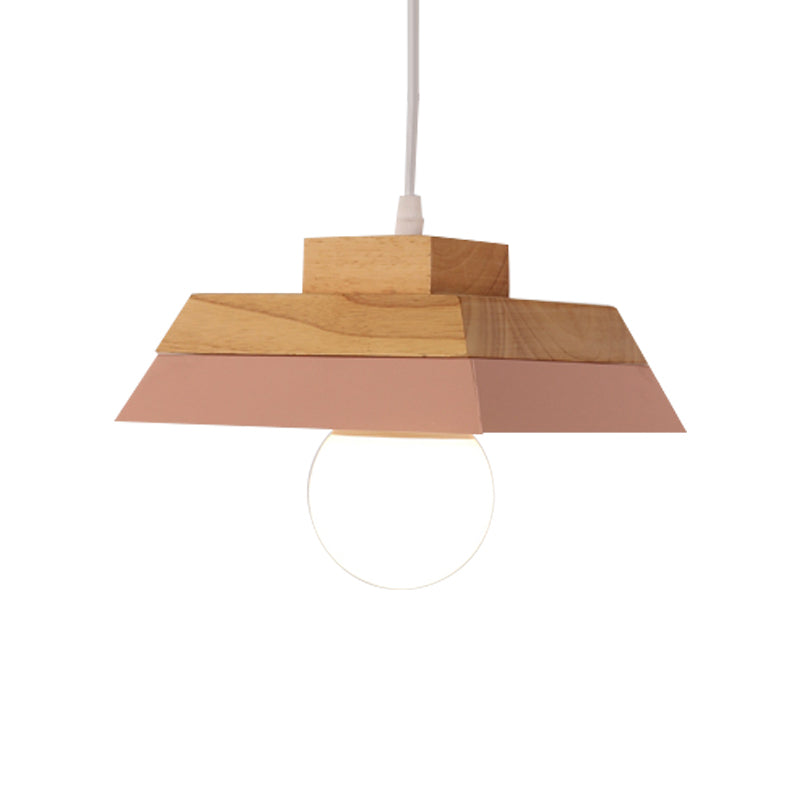 1-Bulb Living Room Suspension Light Modernism Yellow/Pink and Wood Hanging Lamp Kit with Geometric Metal Shade