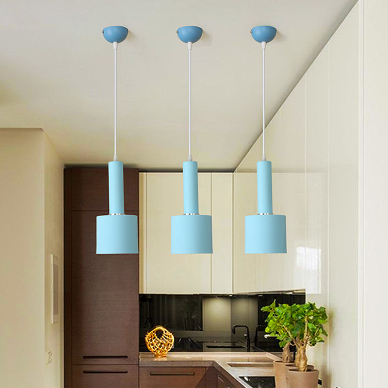 2-Layer Tube Metal Hanging Light Kit Macaron 1 Light Blue Finish Ceiling Pendant Lamp over Table