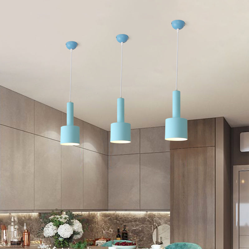 2-Layer Tube Metal Hanging Light Kit Macaron 1 Light Blue Finish Ceiling Pendant Lamp over Table