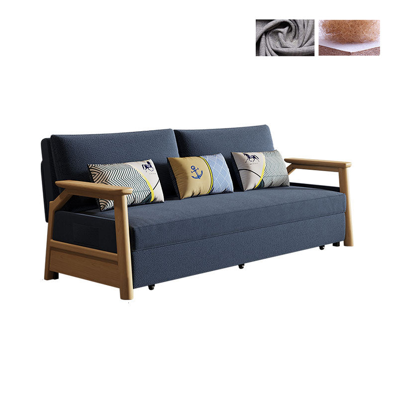 Contemporary Blue Futon Sleeper Sofa Bed with Wooden Square Arms