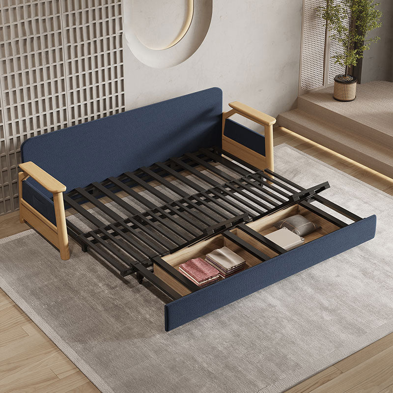 Contemporary Blue Futon Sleeper Sofa Bed with Wooden Square Arms