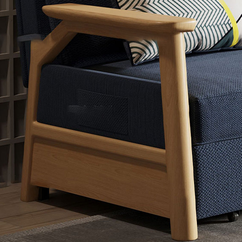 Contemporary Blue Futon Sleeper Sofa Bed with Wooden Square Arms