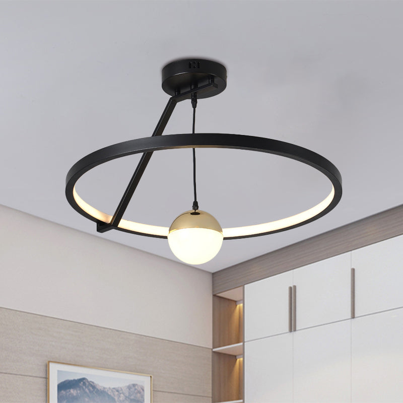 Simple Ring Semi Flush Ceiling Light Acrylic LED Bedroom Flushmount Lamp in Black