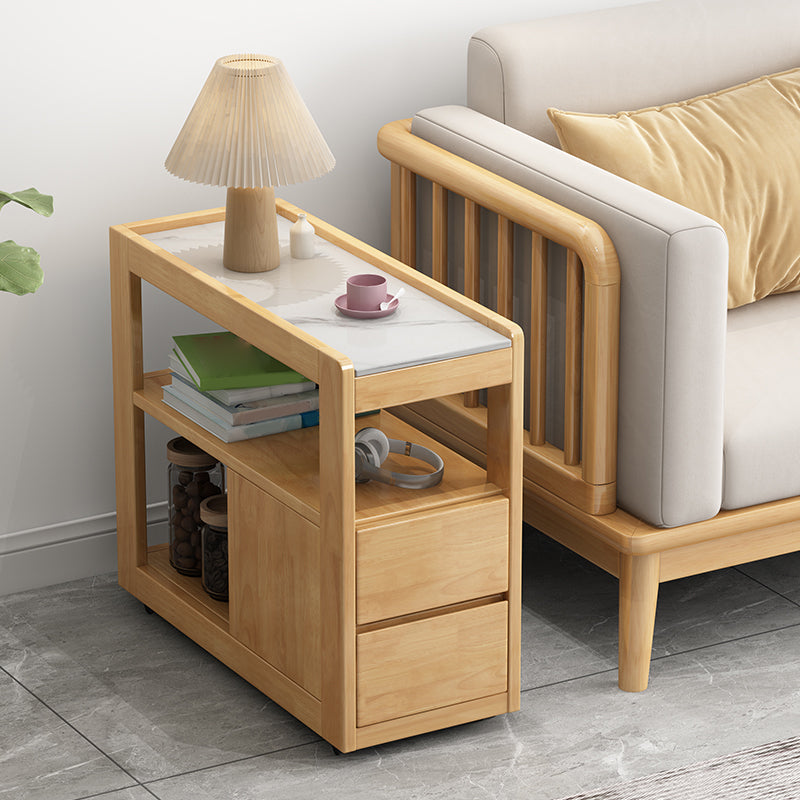 Solid Wood Accent Side Table 4 Legs with Storage Living Room Rectangular