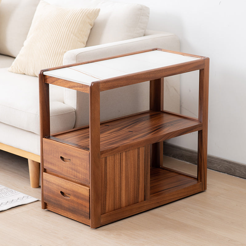Modernistic Sofa Side Accent Table Solid Wood Block Rectangular with Storage