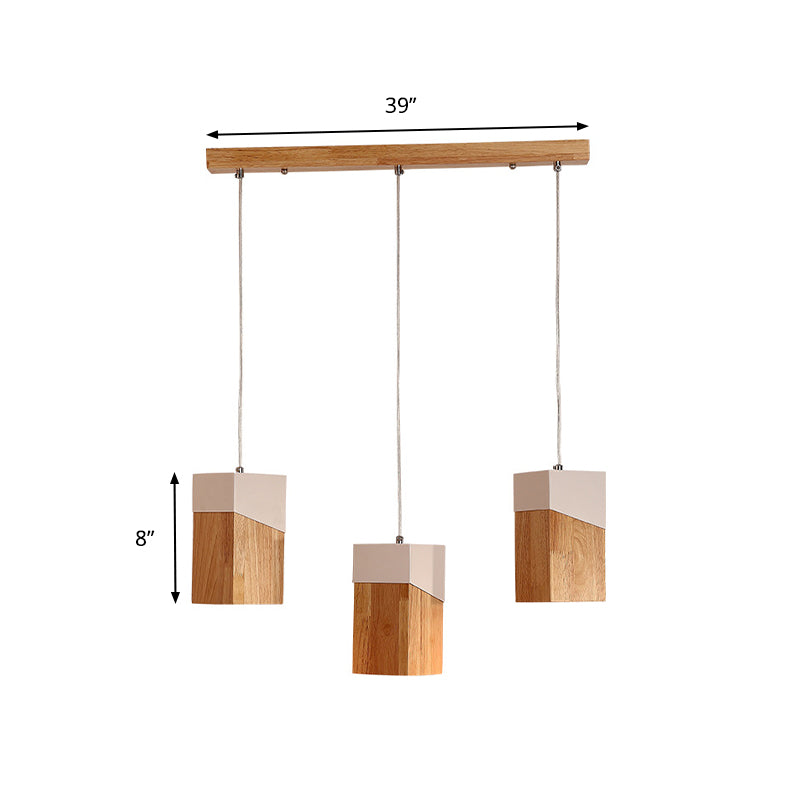 3-Head Study Room Multi Light Pendant Modern Beige and White Suspension Lamp with Cuboid Wood Shade