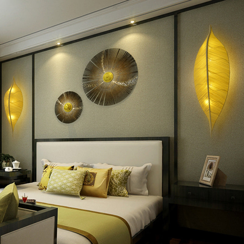 A forma di foglia a parete leggera fonce art deco tessuto a 3 bulb a parete da letto a parete montata in giallo/verde