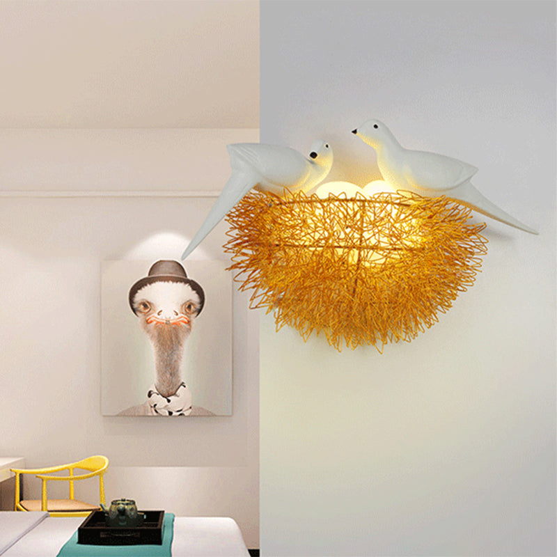 Gold Finish Bird Nest Flush Wall Sconce Art Deco 3 Lights Metal LED Wall Lamp Fixture with White Bird Decor