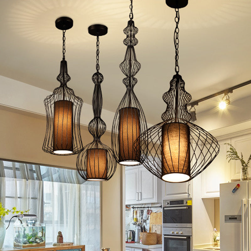 Black Wire Cage Pendant Lamp with Fabric Shade Retro Industrial Metal 1 Light Dining Room Hanging Light