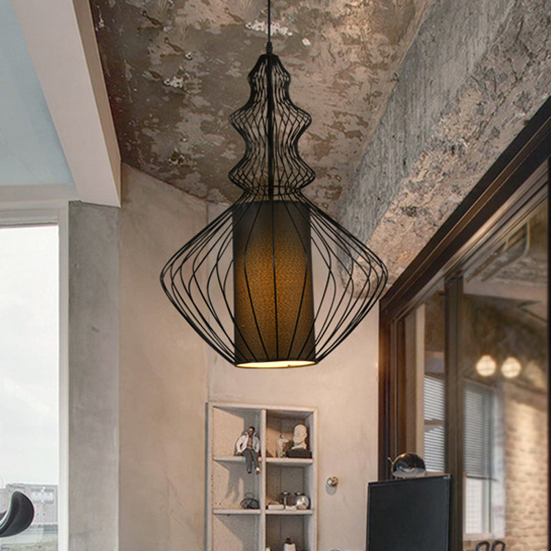 Black Wire Cage Pendant Lamp with Fabric Shade Retro Industrial Metal 1 Light Dining Room Hanging Light