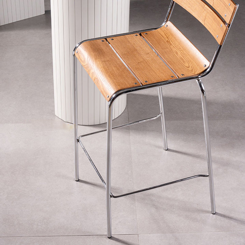 Contemporary Solid Wood Backrest Counter High Stool with Metal 4 Legs