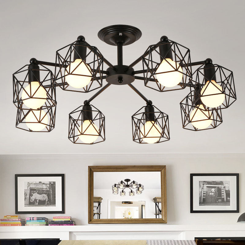 Plafonnier semi-encastré à 6/8/10 têtes avec abat-jour à cage hexagonale en métal de style vintage pour salon près du plafonnier en noir