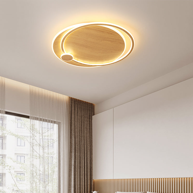Modernism Round Flush Mount Ceiling Light Fixture in Wood Color for Bedroom