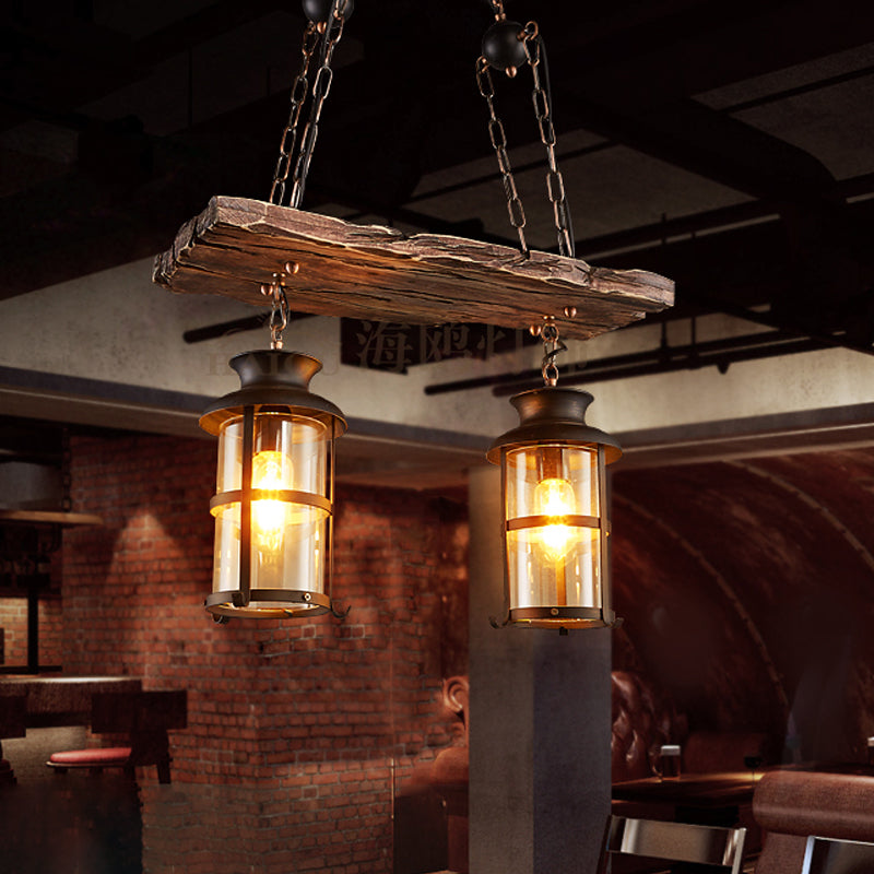 Clear Glass Lantern Island Pendant Light Industrial 2/3 Lights Bar Hanging Lamp in Black with Wood Decoration and Cage