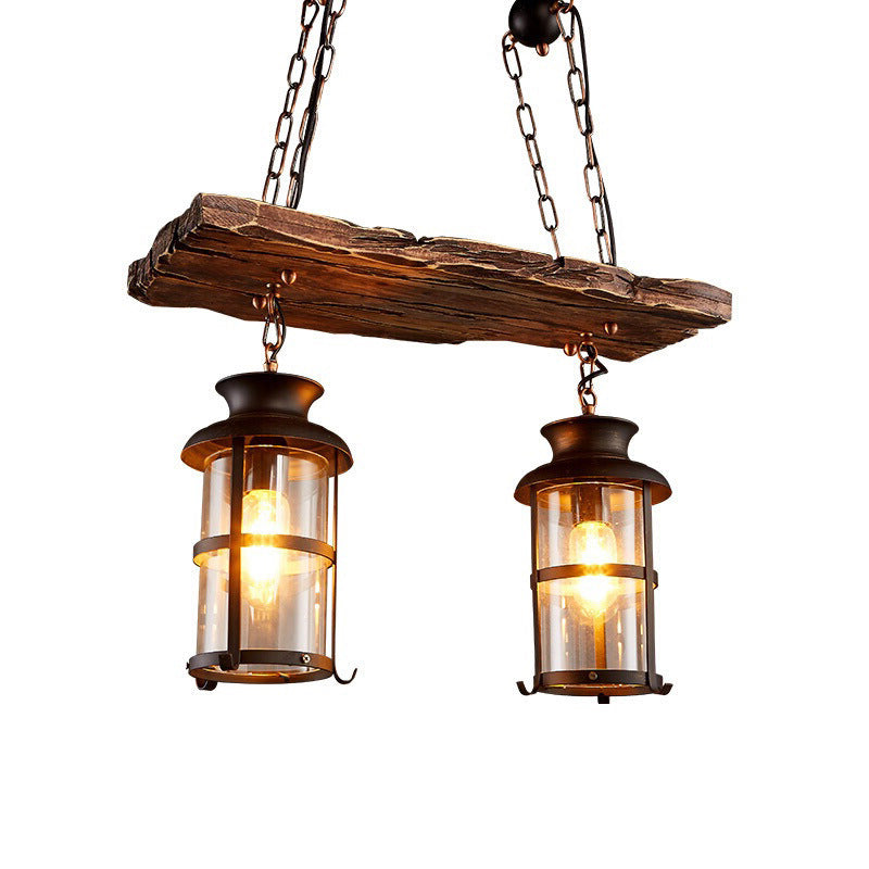 Clear Glass Lantern Island Pendant Light Industrial 2/3 Lights Bar Hanging Lamp in Black with Wood Decoration and Cage