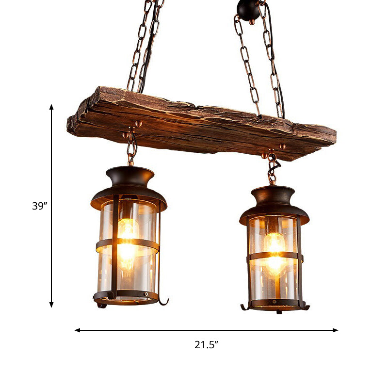 Clear Glass Lantern Island Pendant Light Industrial 2/3 Lights Bar Hanging Lamp in Black with Wood Decoration and Cage