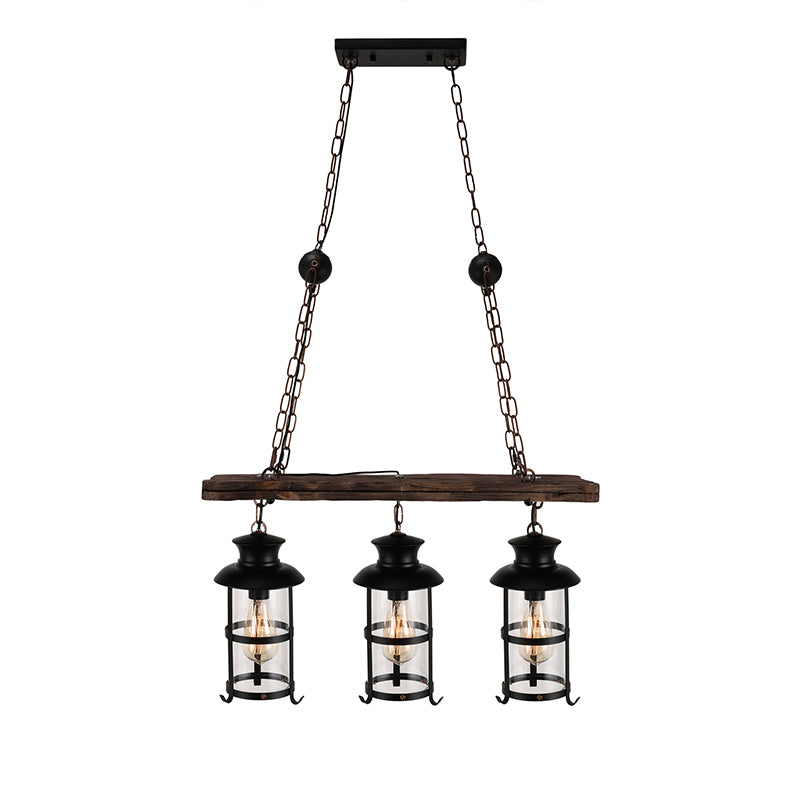 Clear Glass Lantern Island Pendant Light Industrial 2/3 Lights Bar Hanging Lamp in Black with Wood Decoration and Cage