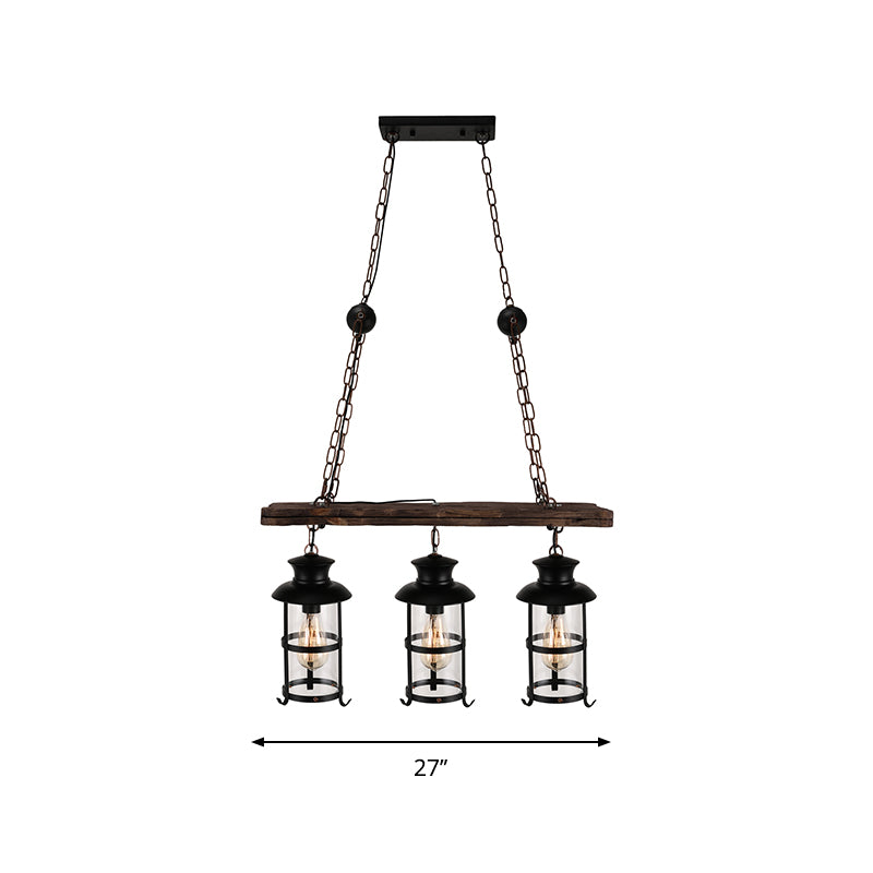 Clear Glass Lantern Island Pendant Light Industrial 2/3 Lights Bar Hanging Lamp in Black with Wood Decoration and Cage